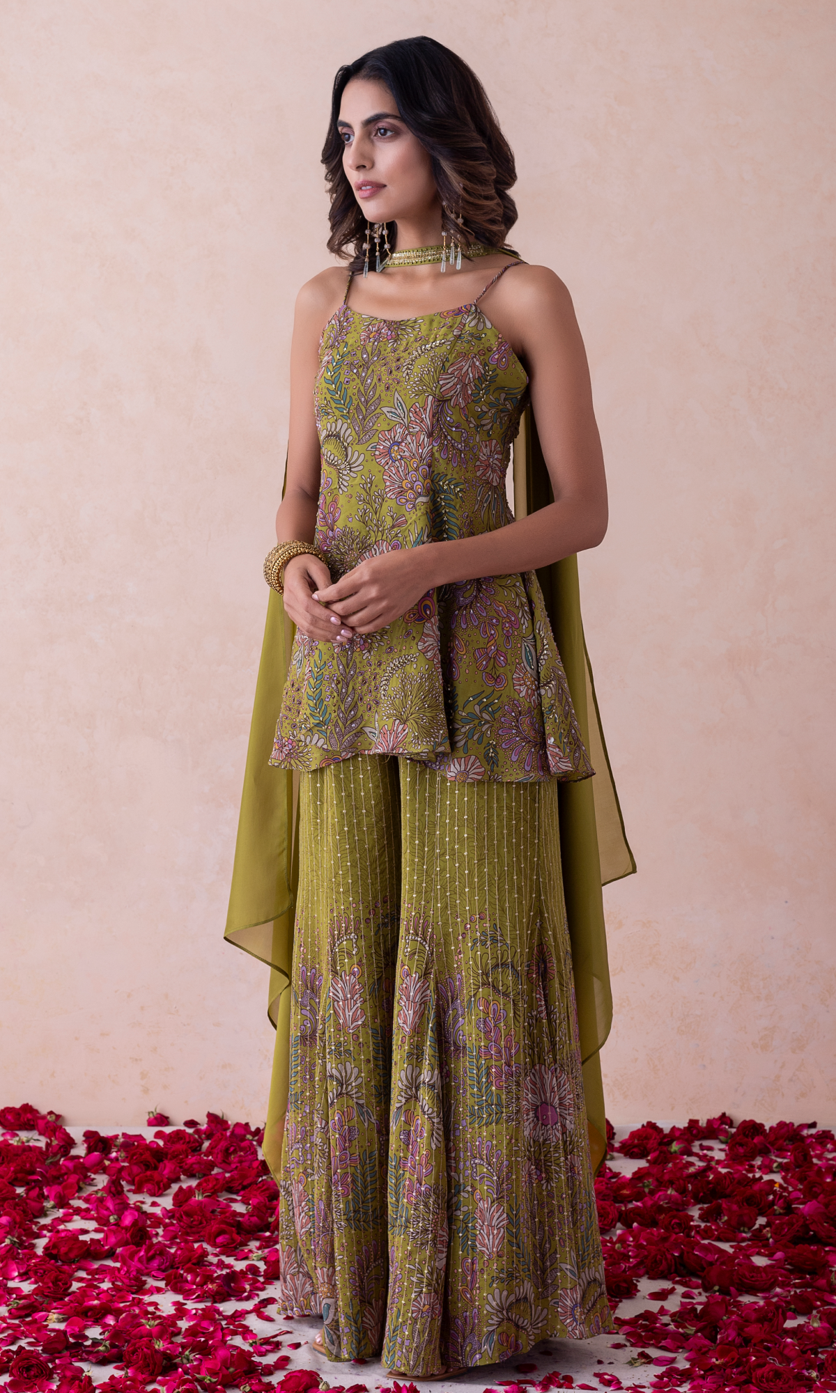 Green Georgette Crepe Mix Printed Sharara Set