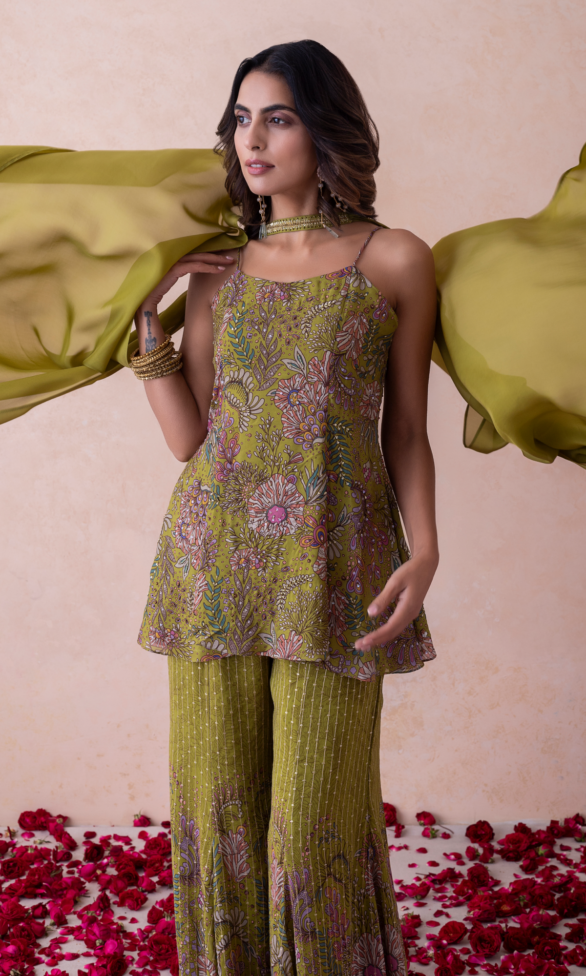 Green Georgette Crepe Mix Printed Sharara Set