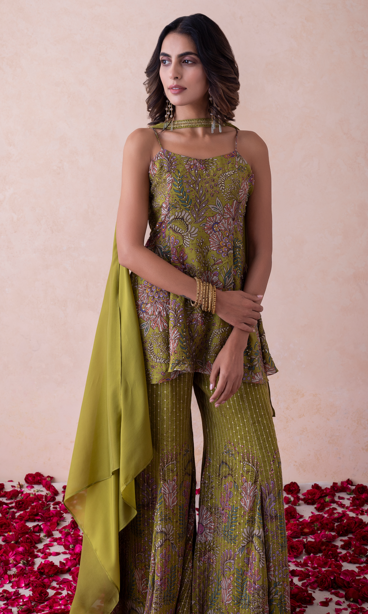 Green Georgette Crepe Mix Printed Sharara Set