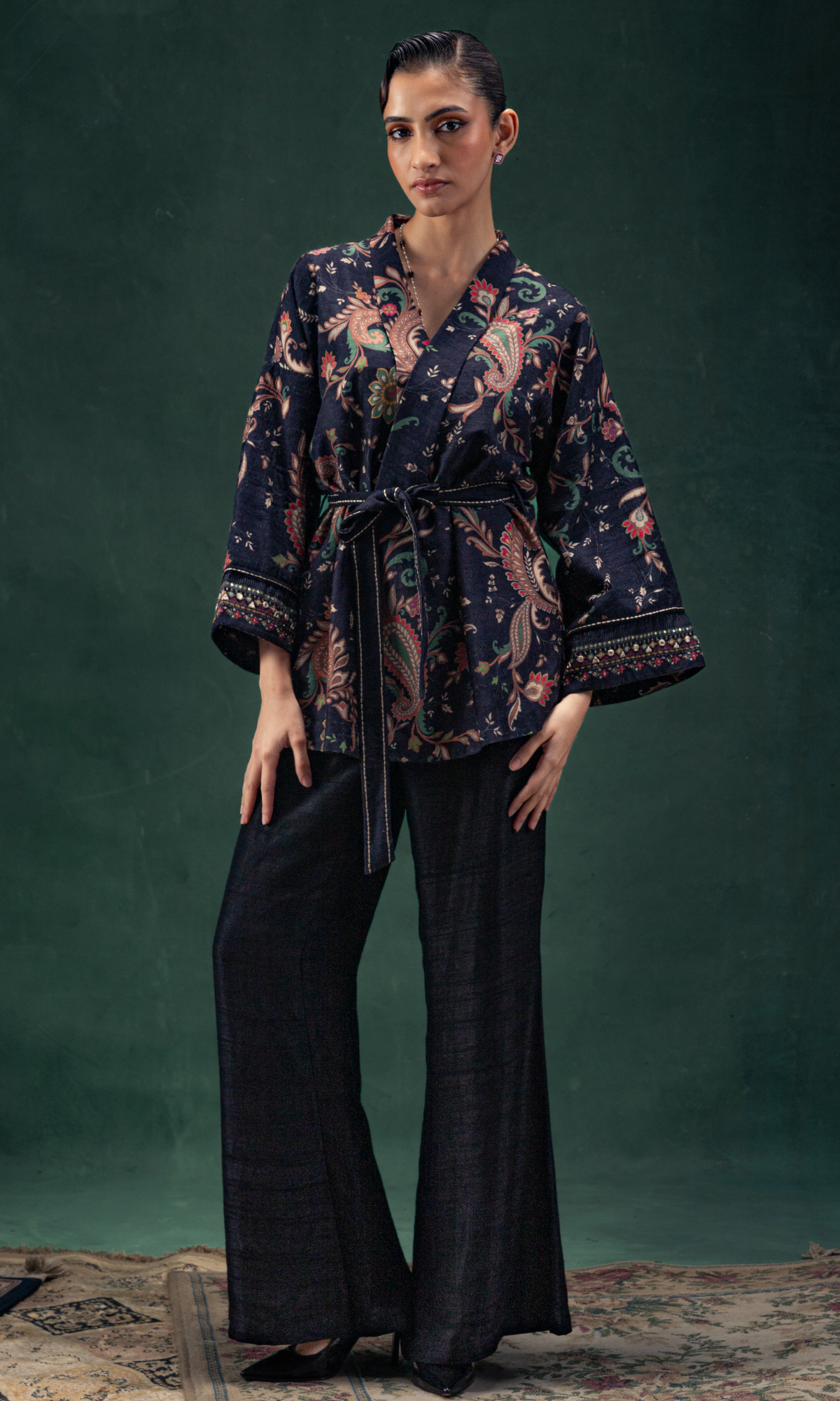 Navy Blue Raw Silk Printed Co-ord Set
