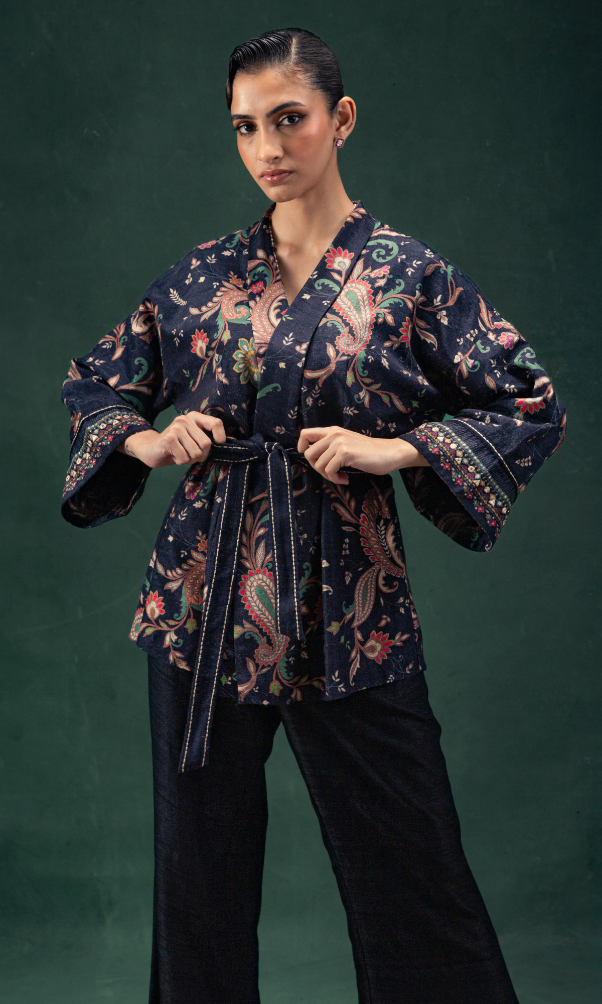 Navy Blue Raw Silk Printed Co-ord Set