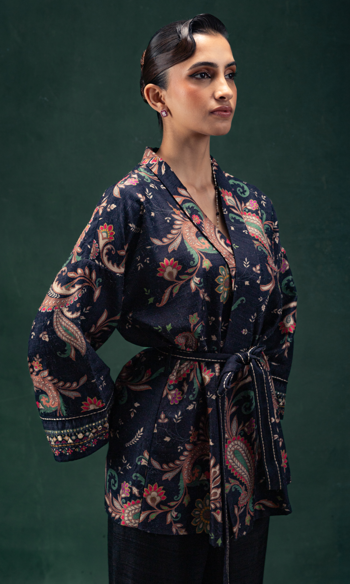 Navy Blue Raw Silk Printed Co-ord Set