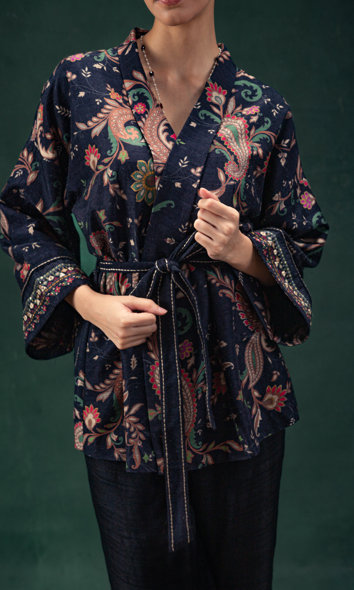 Navy Blue Raw Silk Printed Co-ord Set