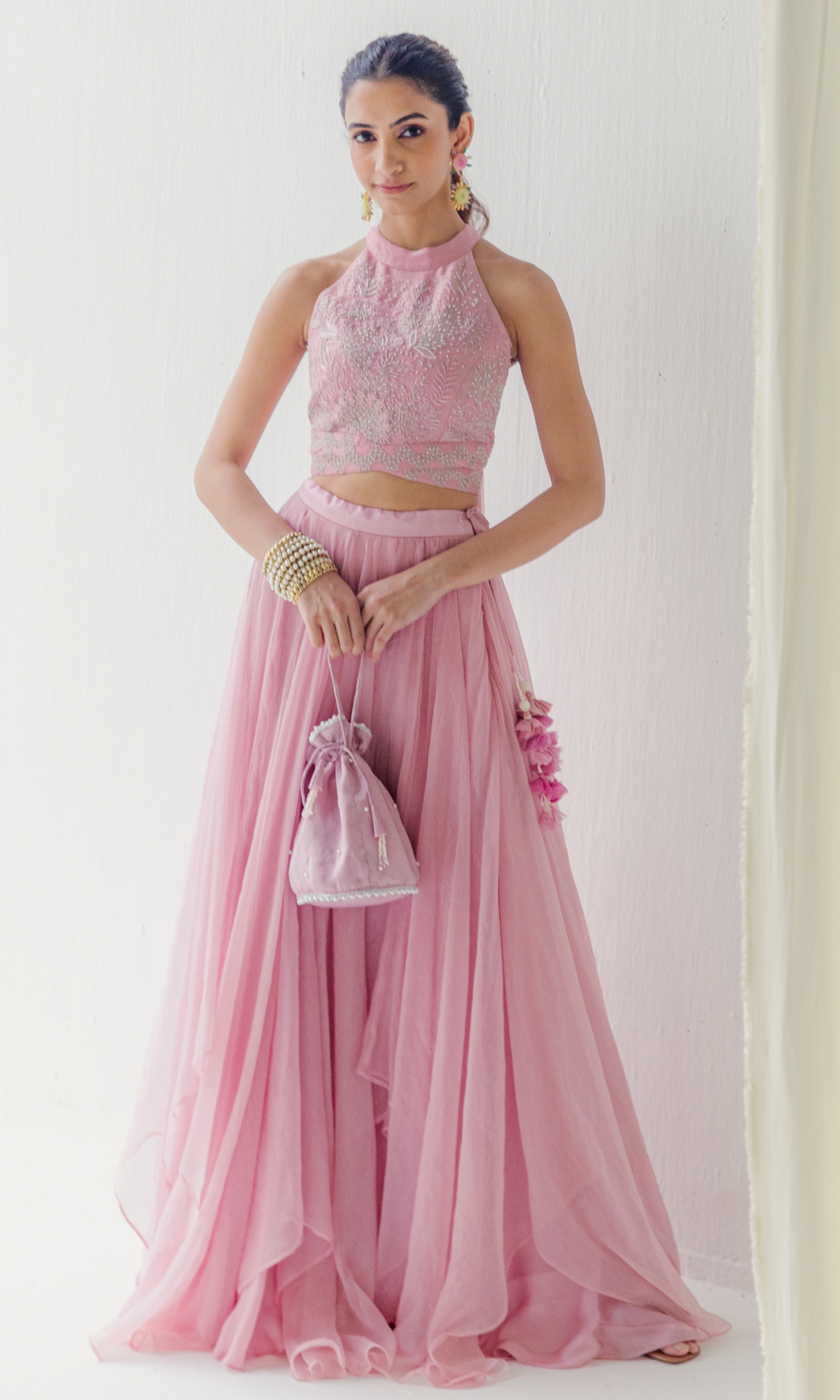 Pink Chiffon Floral Embroidered Crop Top Set