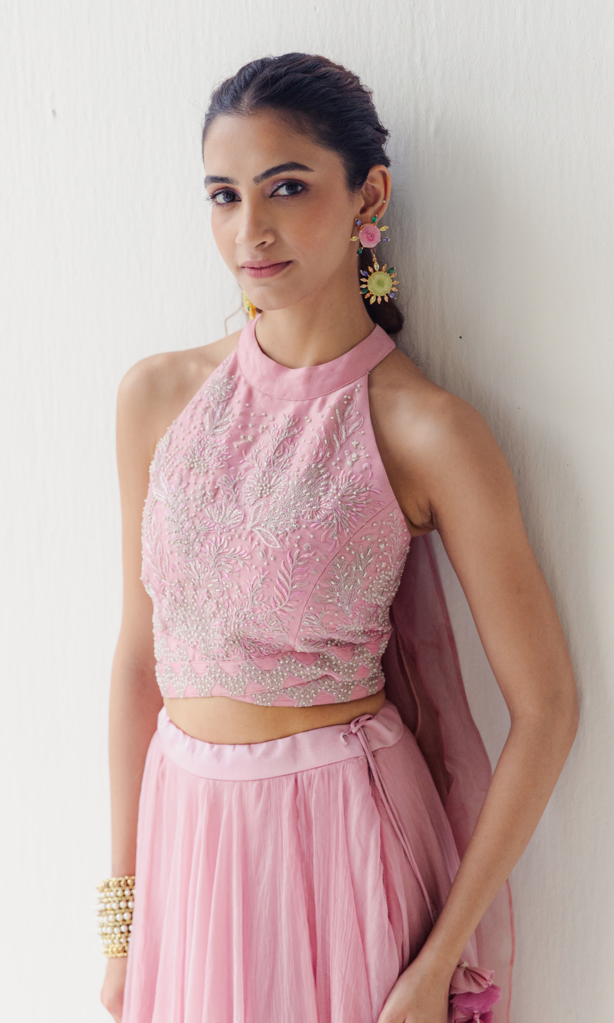 Pink Chiffon Floral Embroidered Crop Top Set