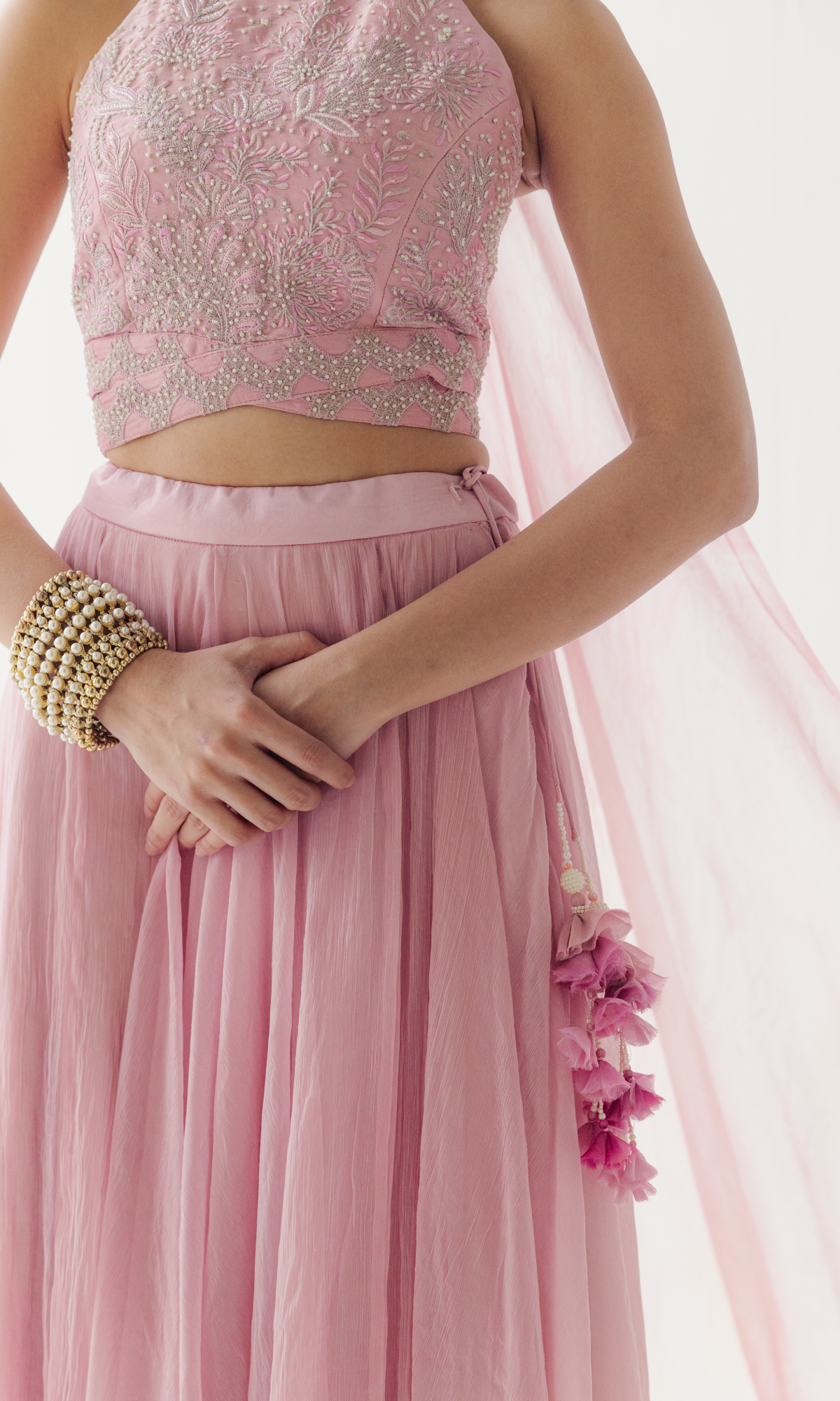 Pink Chiffon Floral Embroidered Crop Top Set
