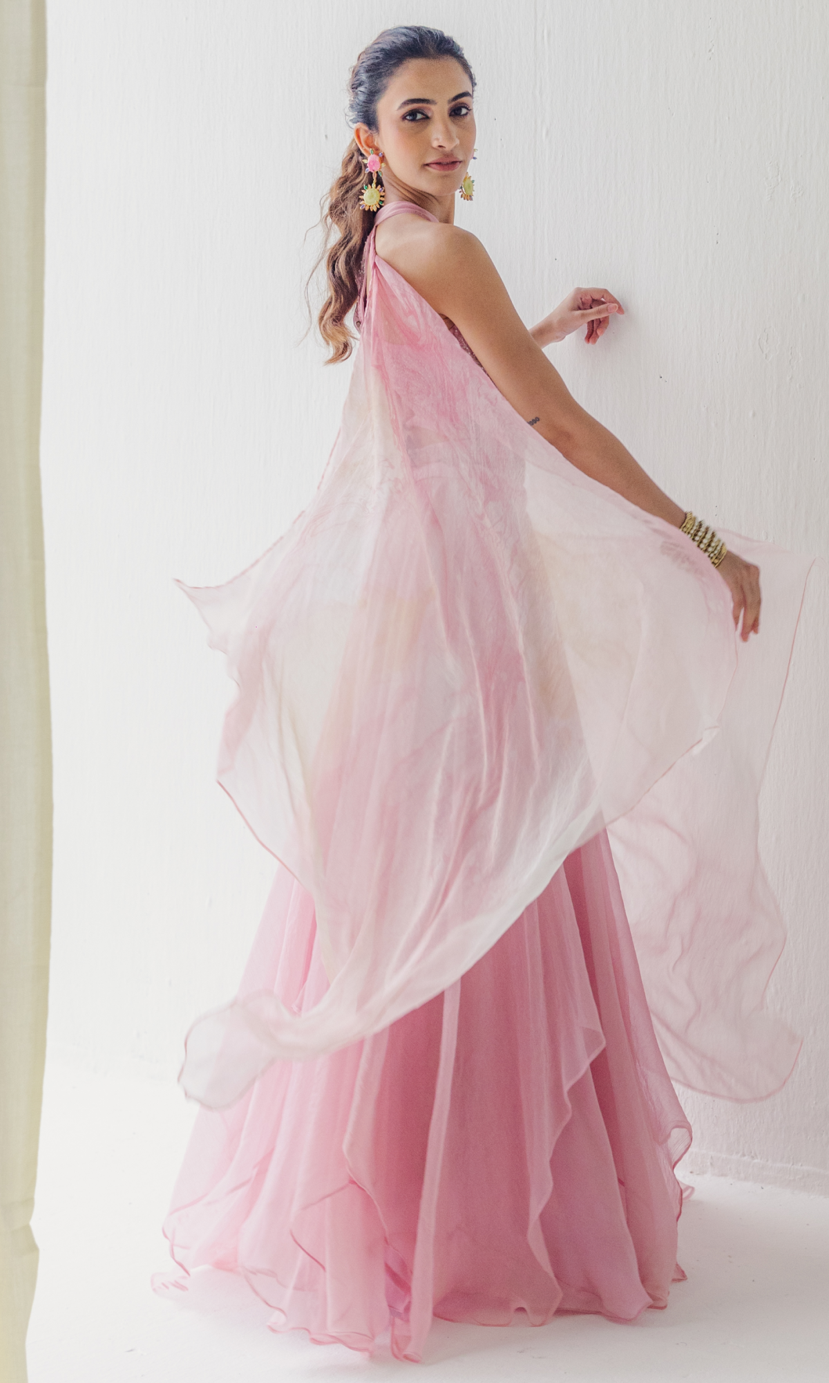 Pink Chiffon Floral Embroidered Crop Top Set