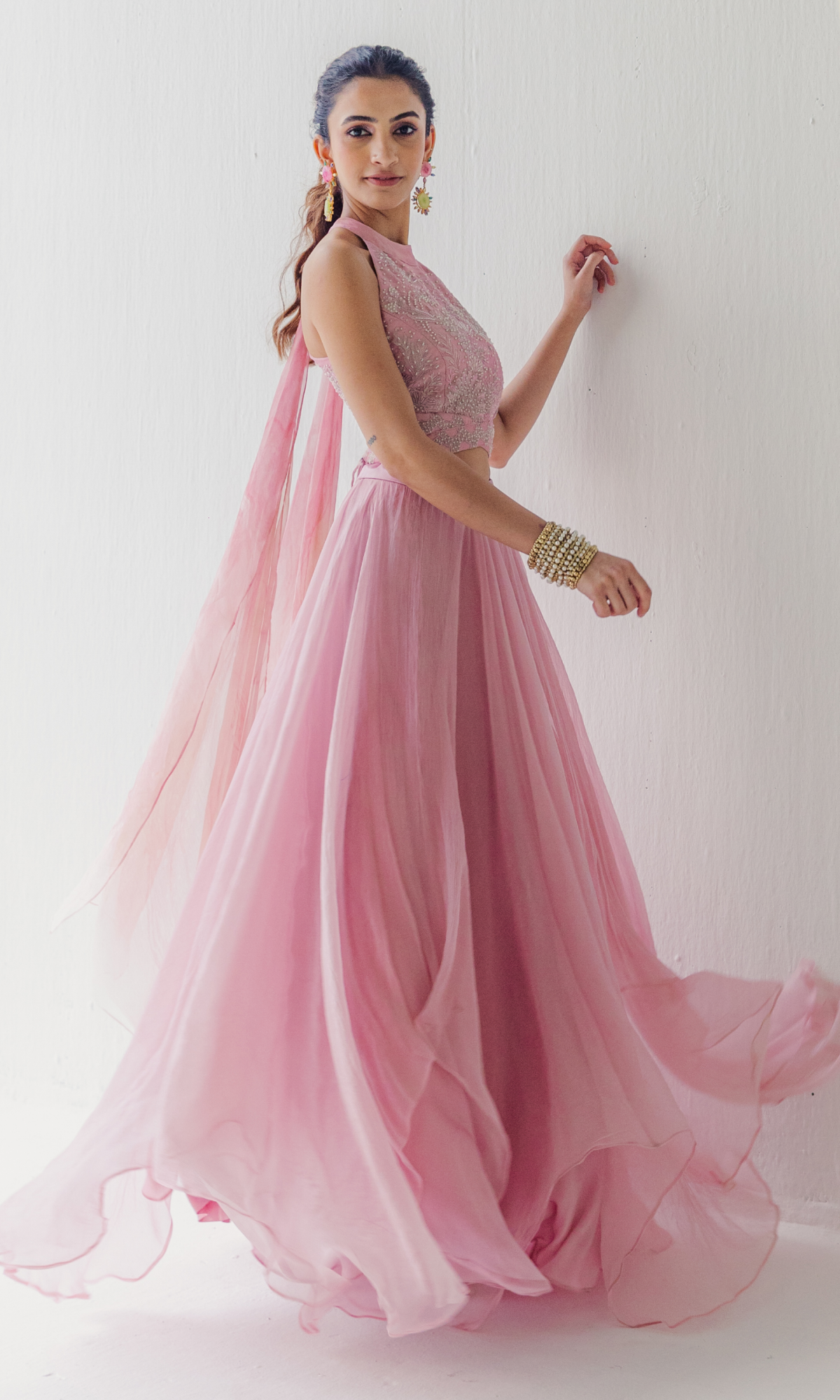 Pink Chiffon Floral Embroidered Crop Top Set