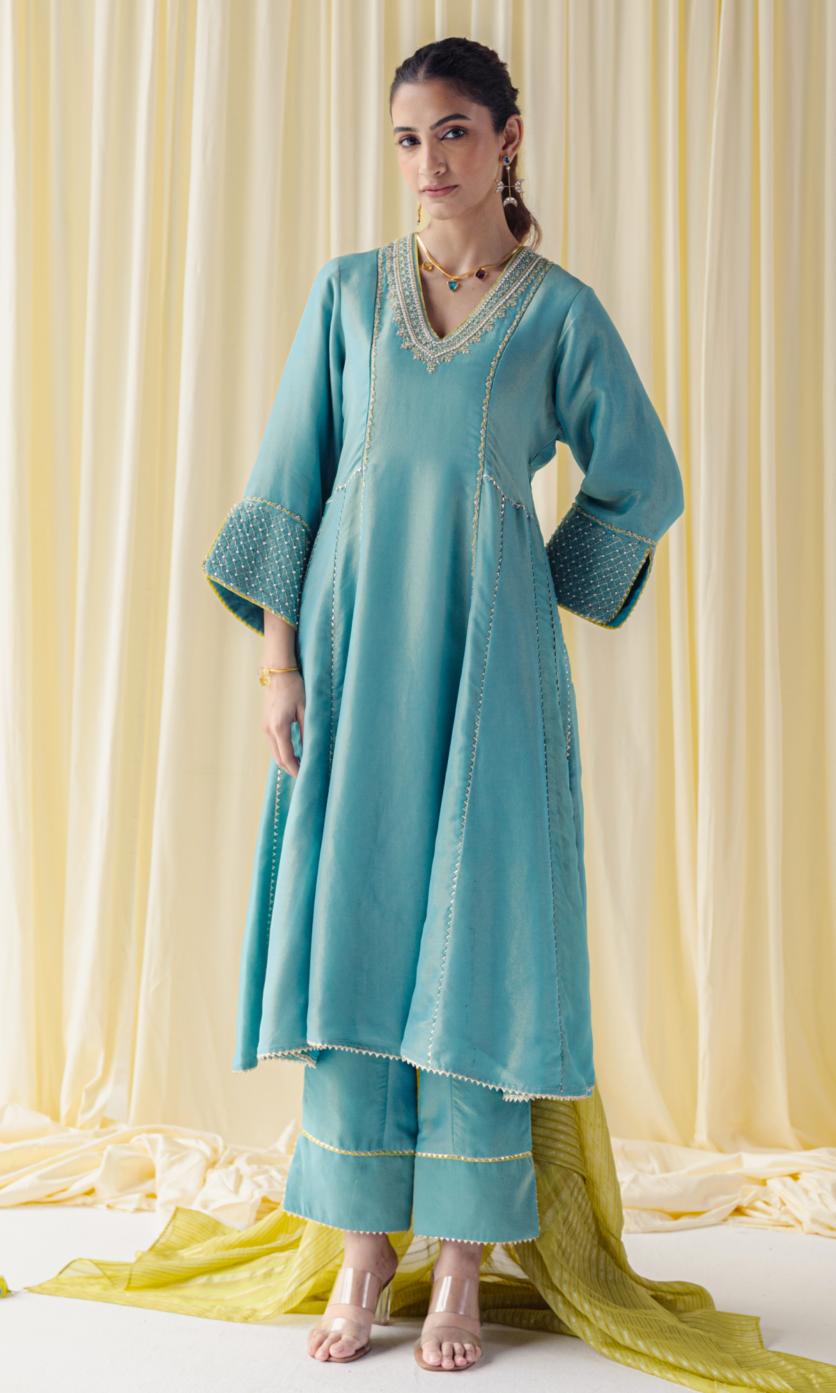 Turqouise Semi Silk Embroidered Salwar Suit
