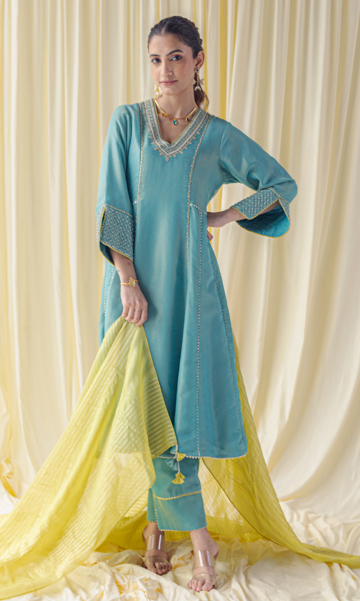 Turqouise Semi Silk Embroidered Salwar Suit