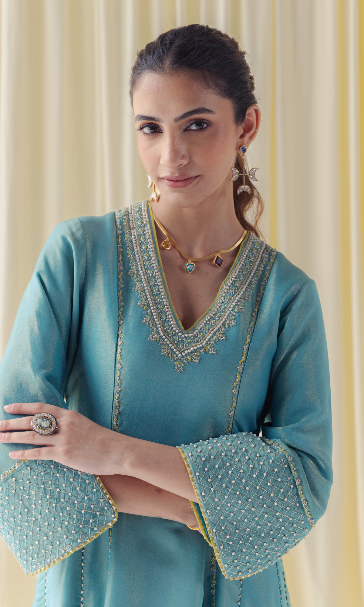Turqouise Semi Silk Embroidered Salwar Suit