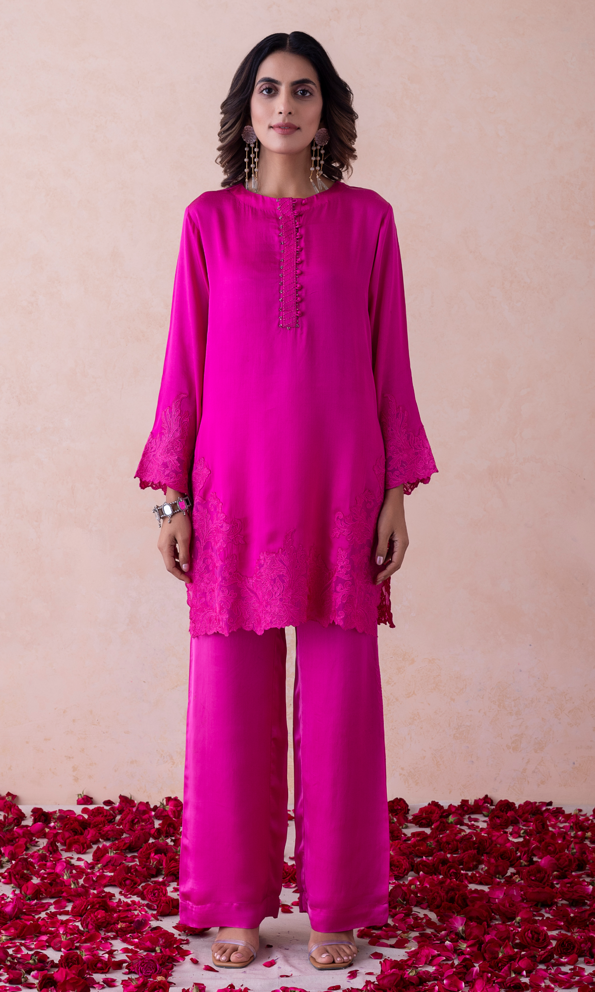 Pink Satin Silk Patch Work Pant & Kurta Set