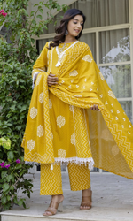Mustard Semi Cotton Printed Salwar Suit