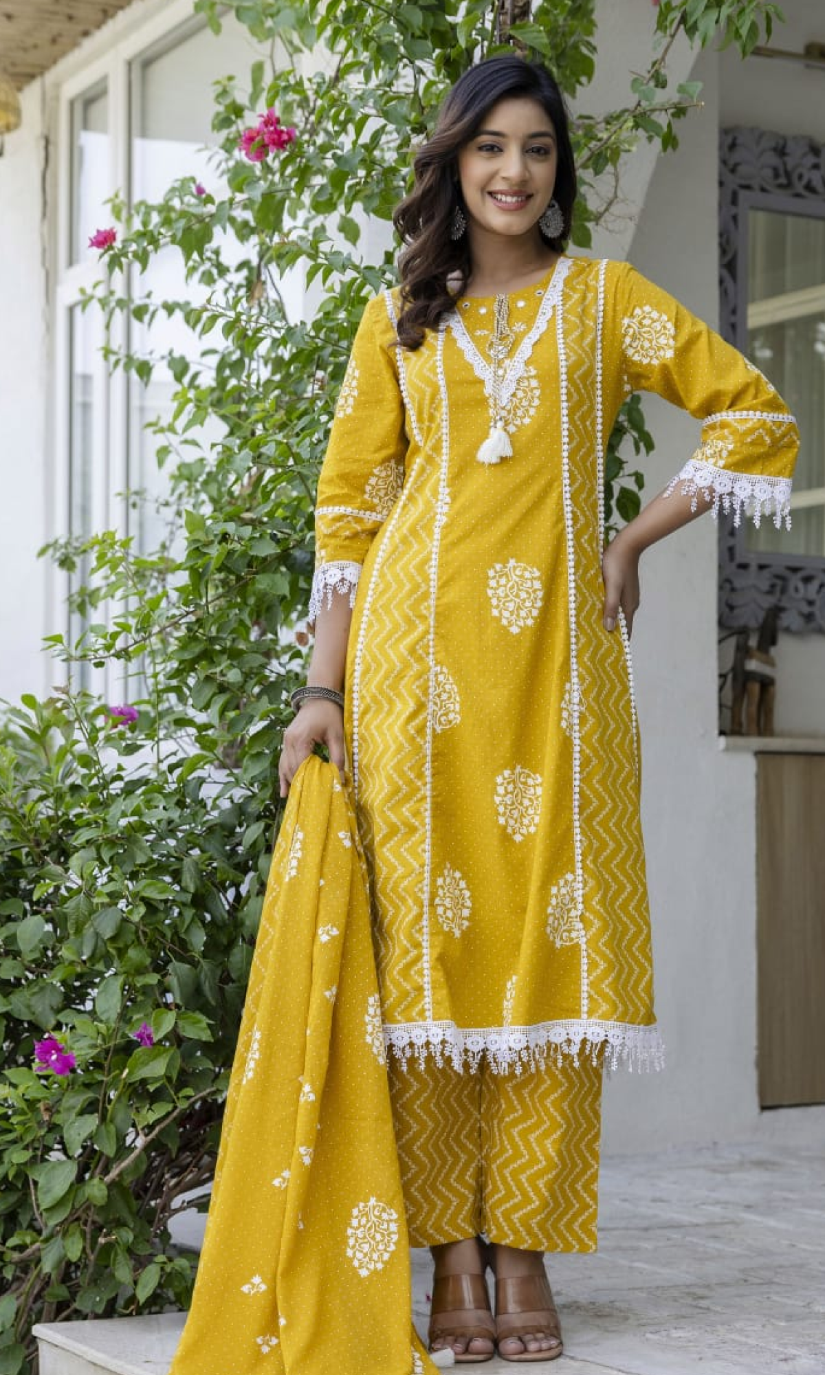 Mustard Semi Cotton Printed Salwar Suit