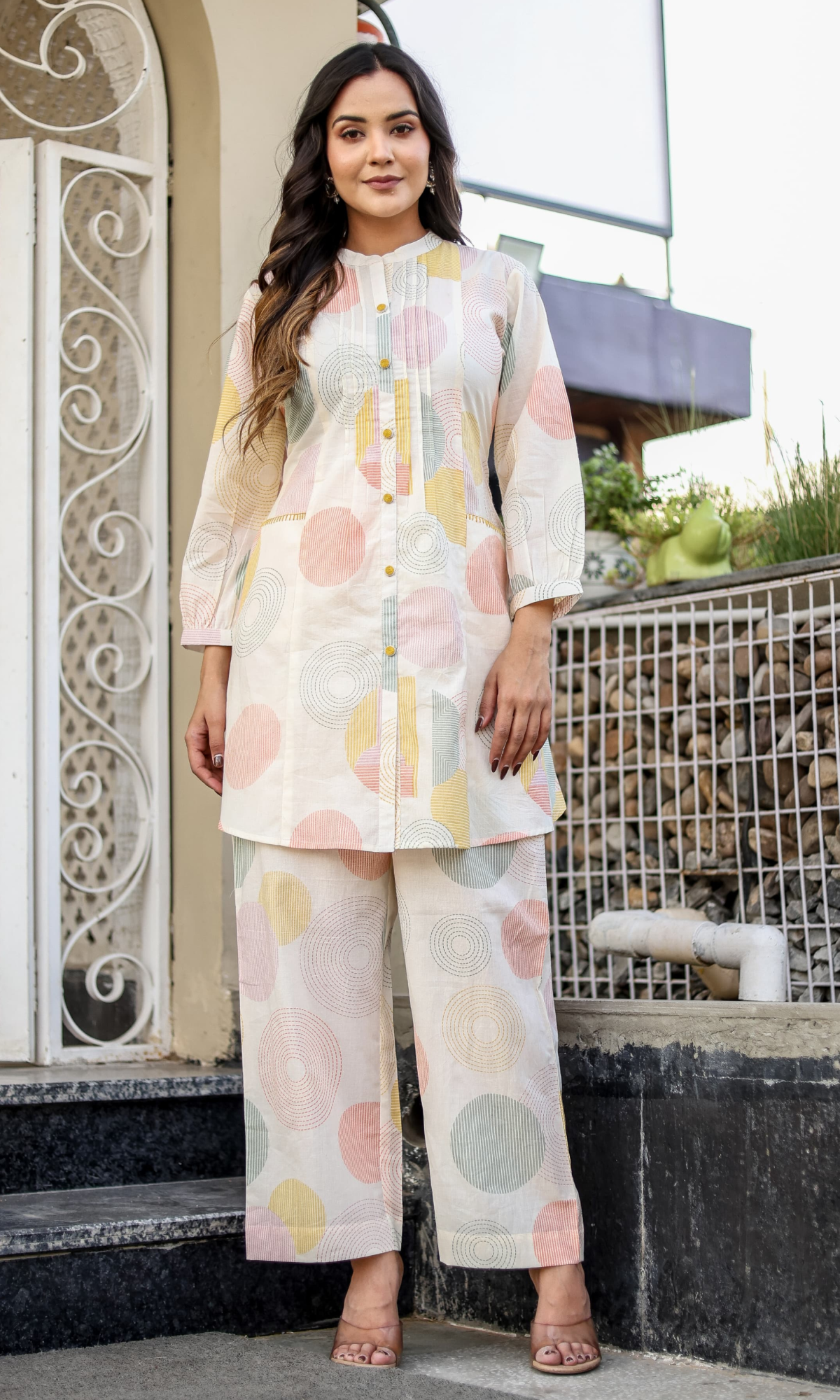Cream Semi Cotton Printed Co-ord Set