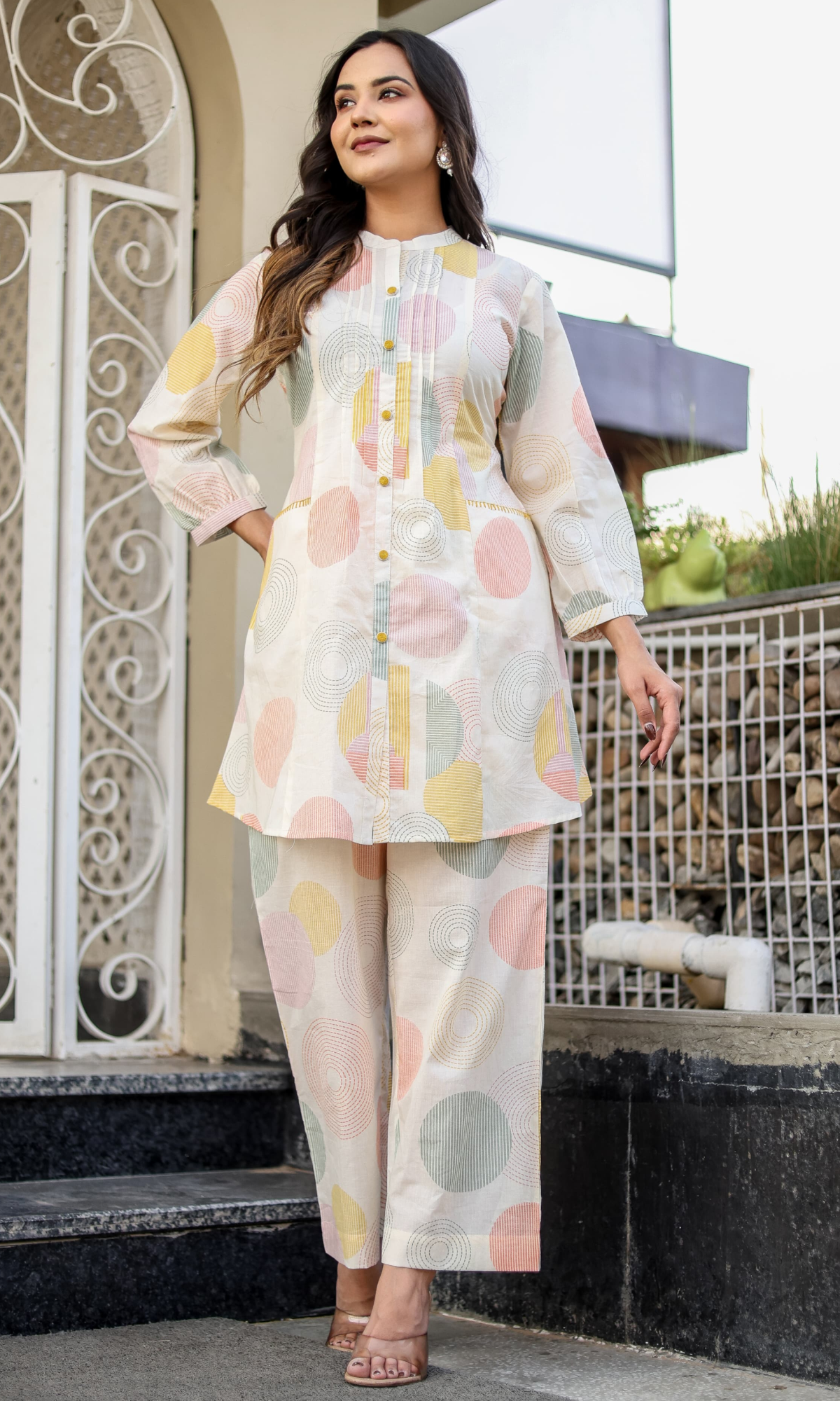 Cream Semi Cotton Printed Co-ord Set
