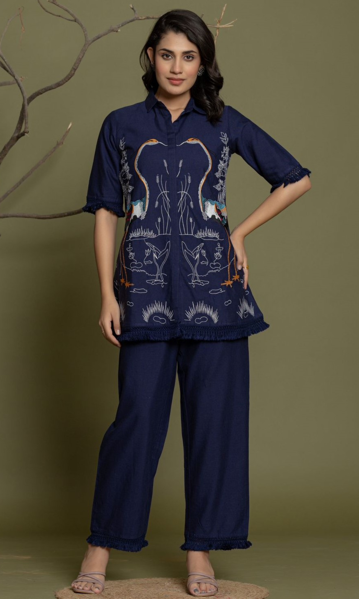 Navy Blue Semi Cotton Embroidered Co-ord Set