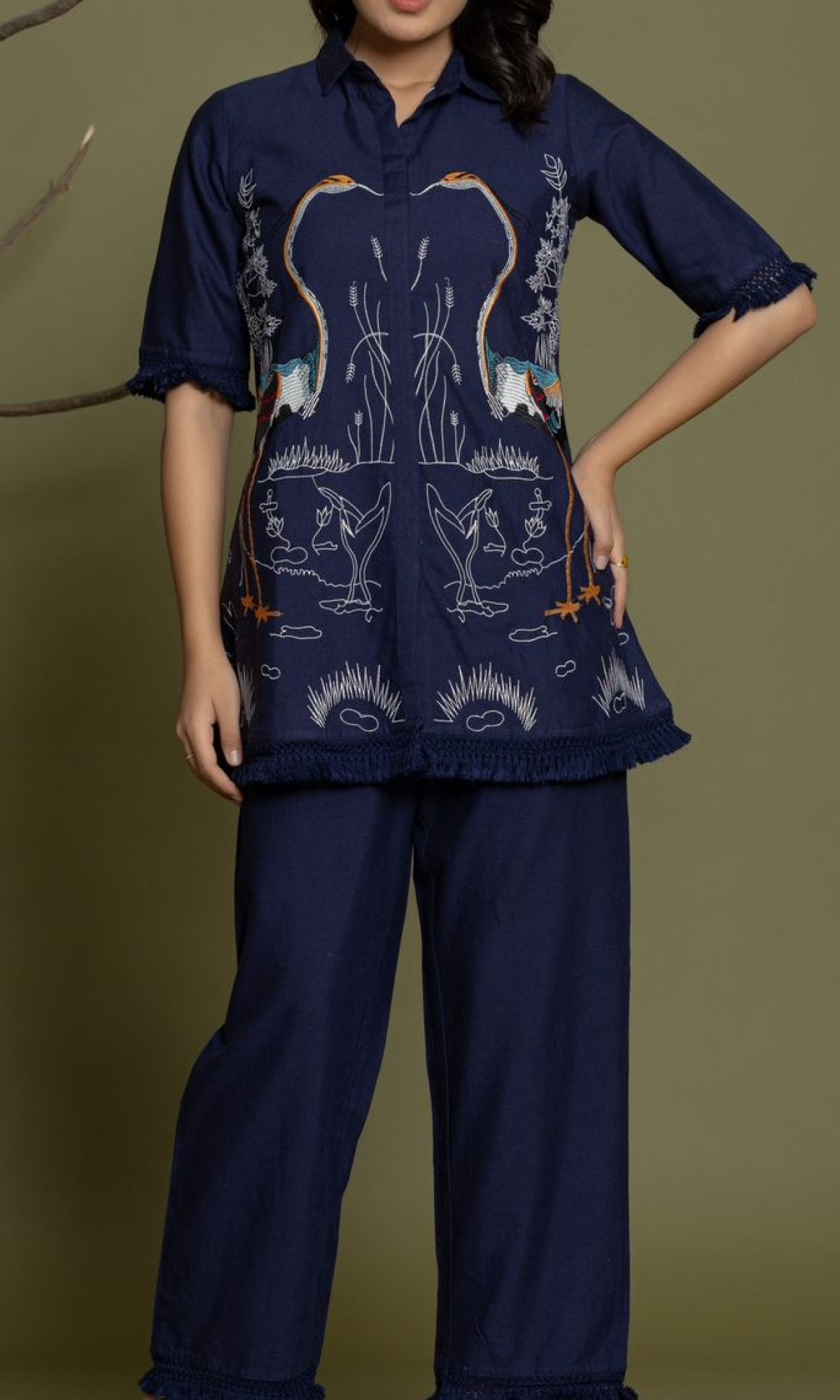 Navy Blue Semi Cotton Embroidered Co-ord Set