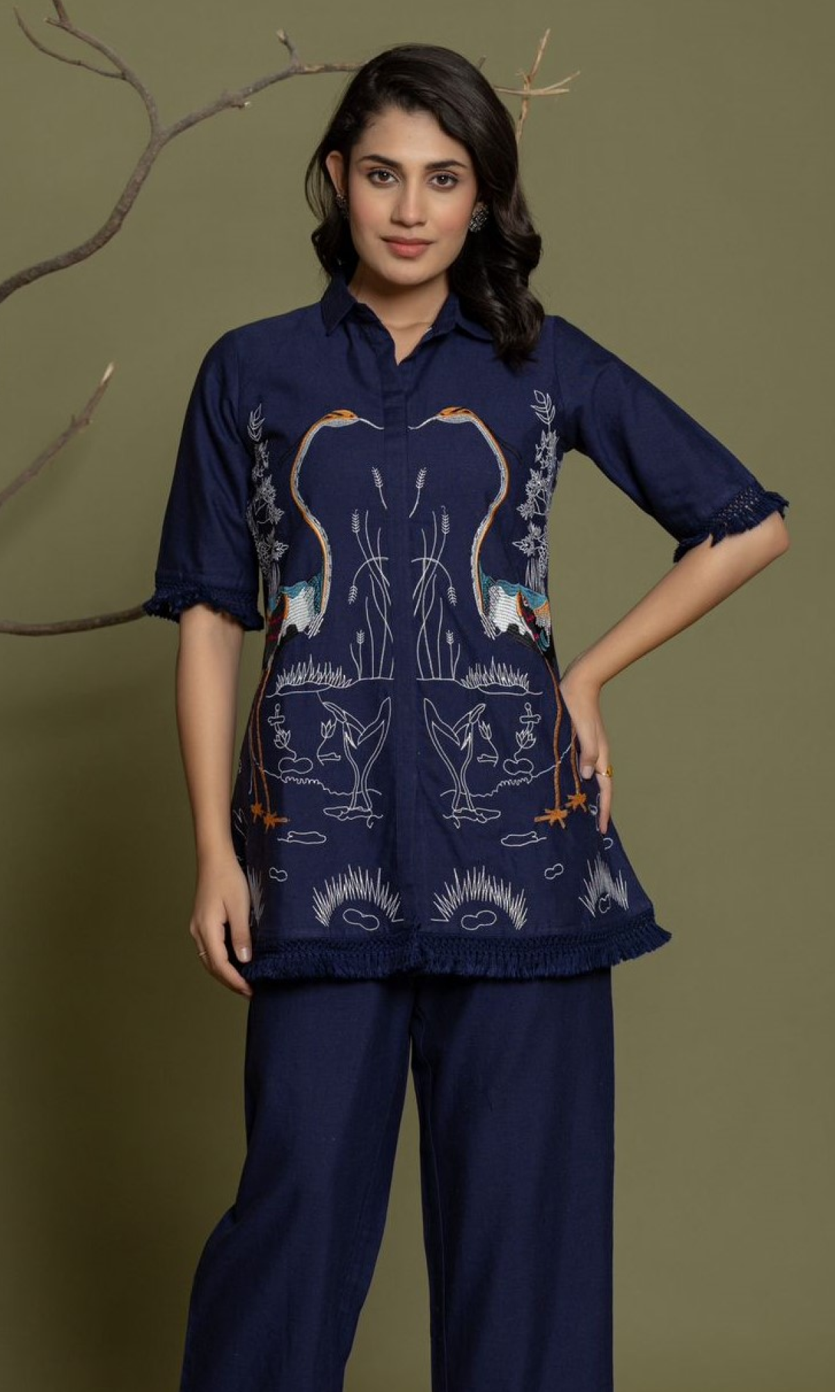 Navy Blue Semi Cotton Embroidered Co-ord Set