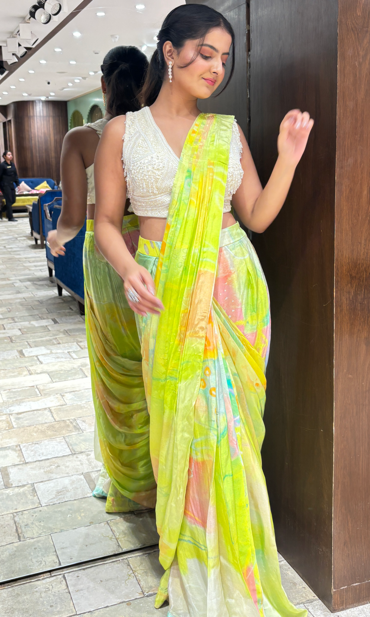 Green Semi Crepe printed Saree with Embellished Blouse