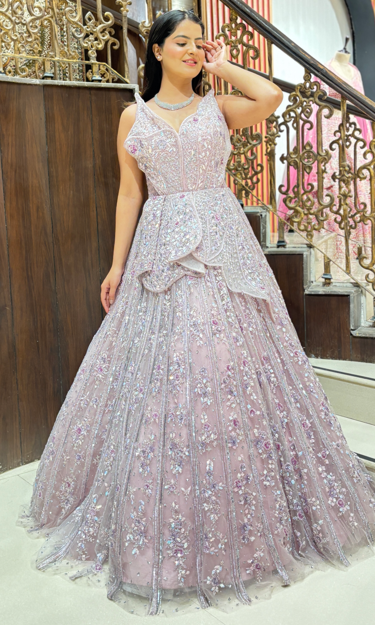 Baby Pink Net Embellished Cinderella Gown