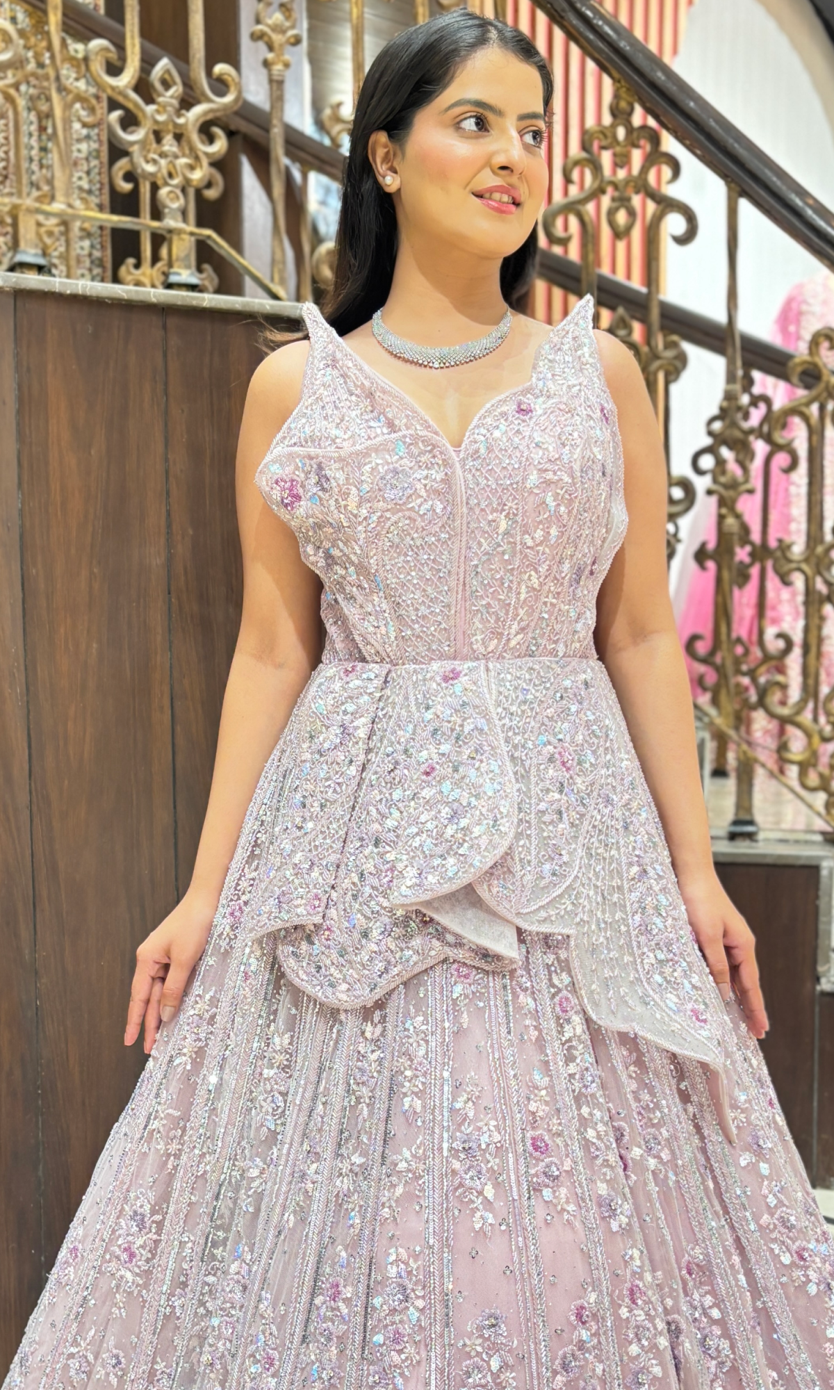 Baby Pink Net Embellished Cinderella Gown