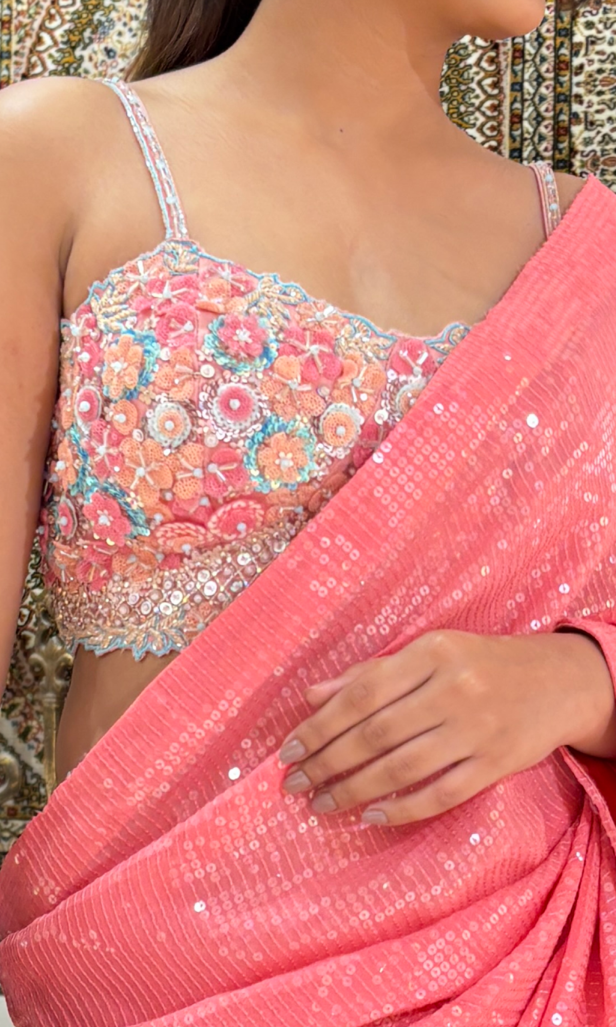 Pink Semi Georgette Floral Embellished Saree