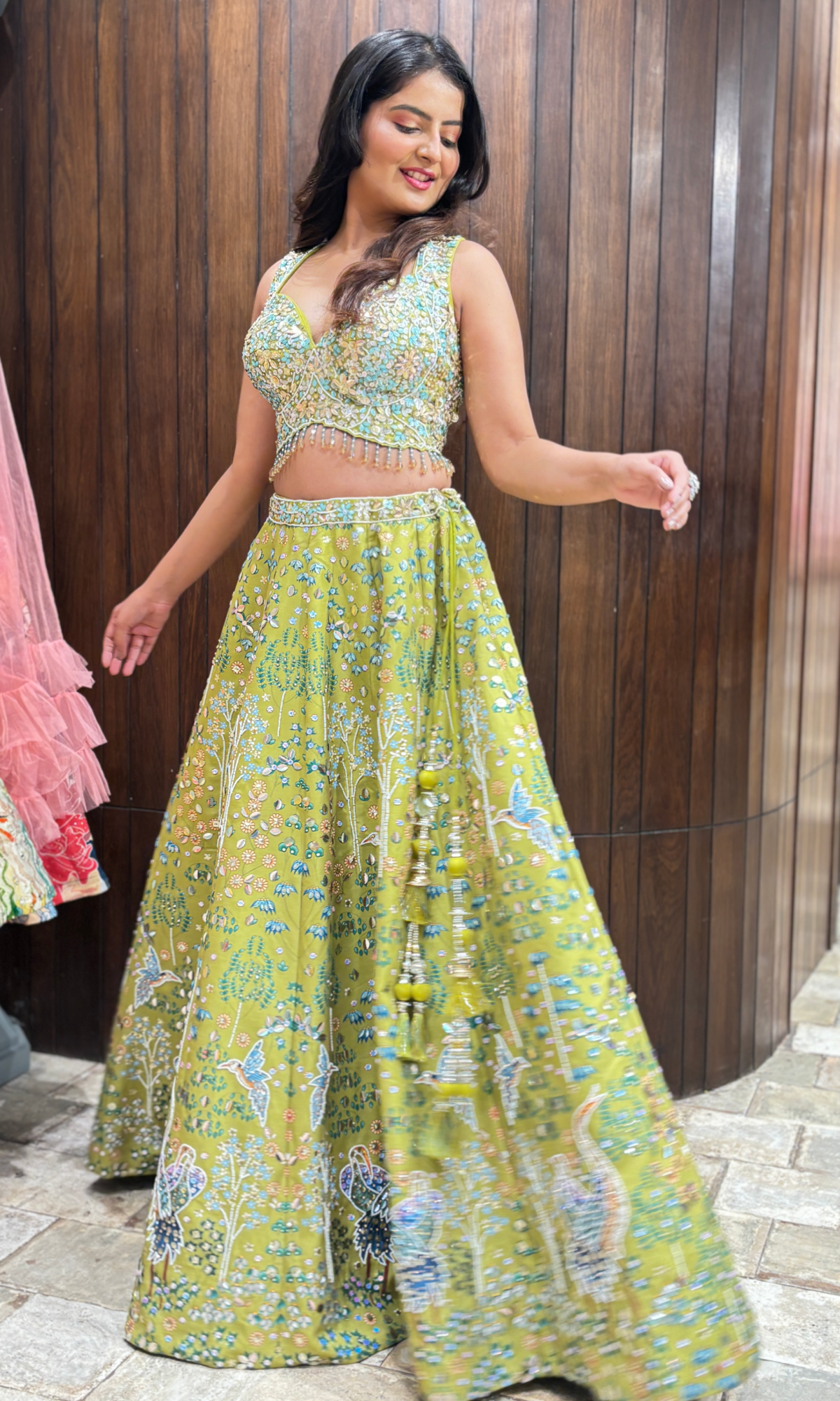 Green Raw Silk Embellished Lehenga
