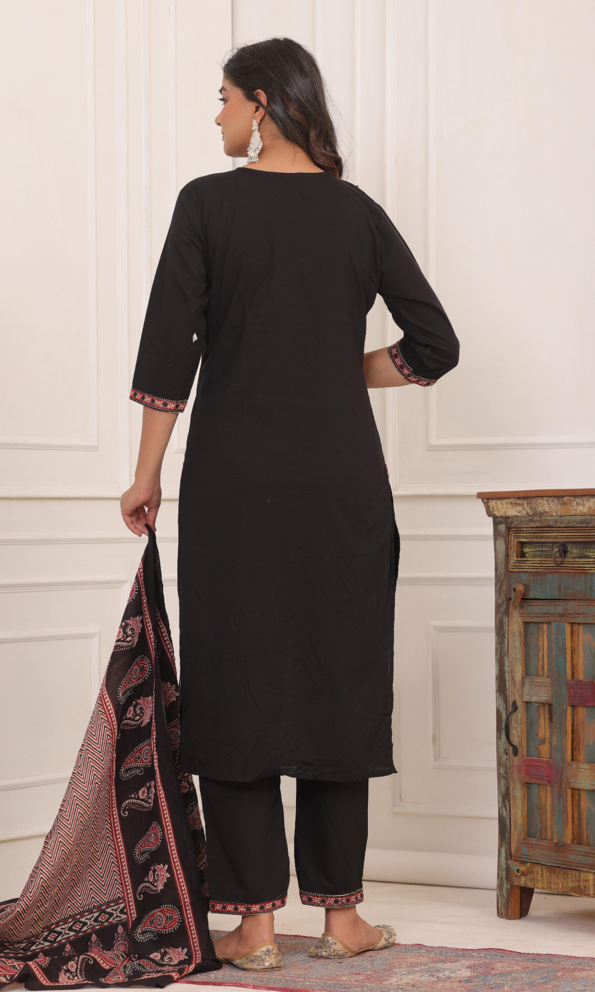 Black Semi Cotton Embroidered Salwar Suit
