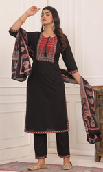Black Semi Cotton Embroidered Salwar Suit