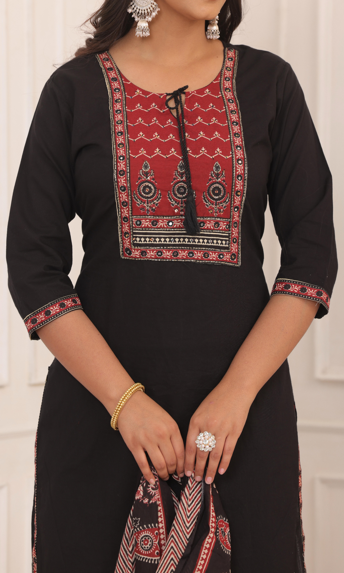 Black Semi Cotton Embroidered Salwar Suit