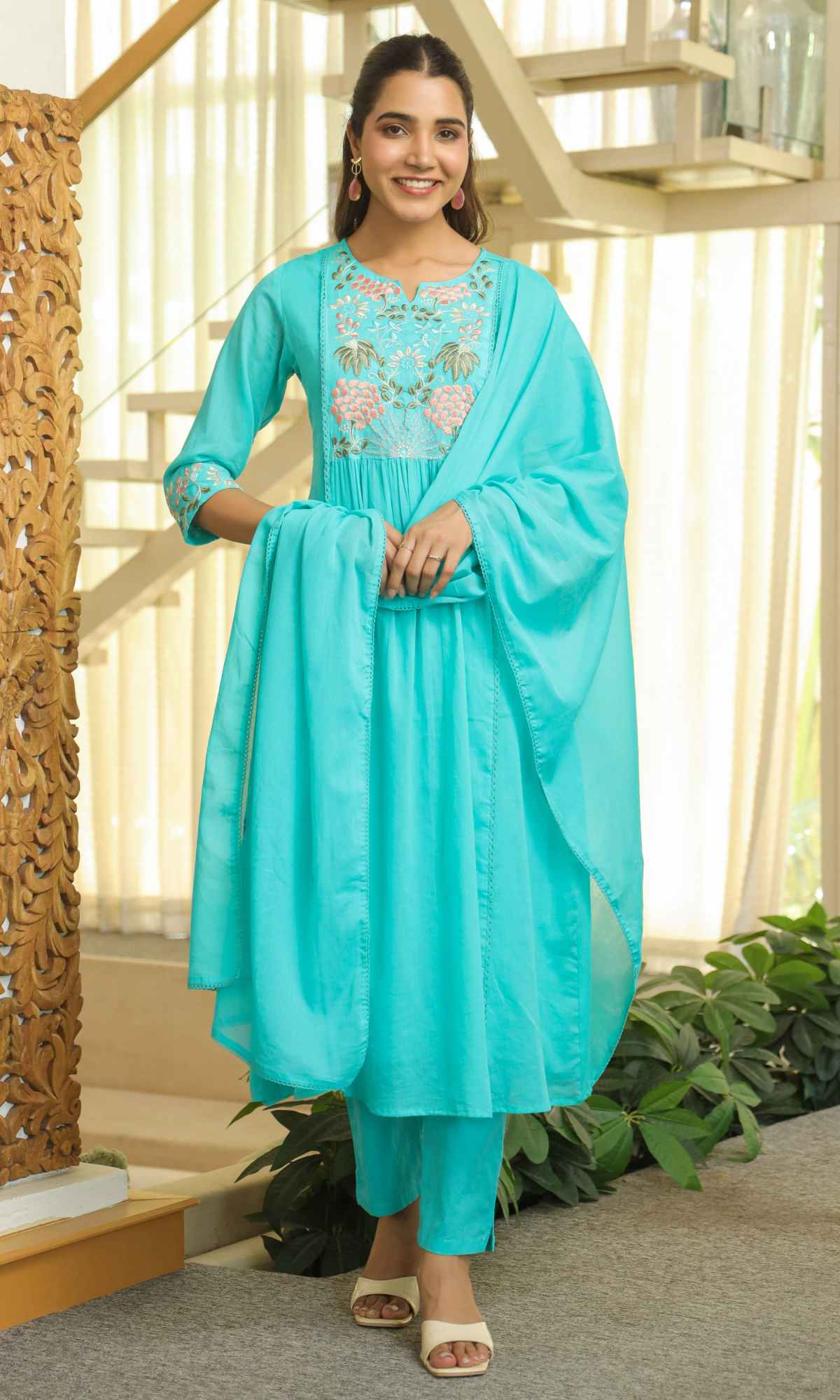 Blue Semi Cotton Floral Embroidered Salwar Suit
