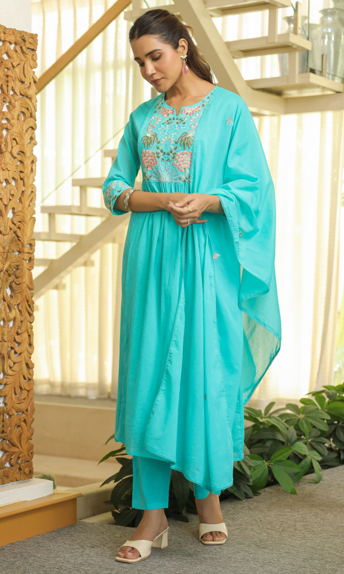 Blue Semi Cotton Floral Embroidered Salwar Suit