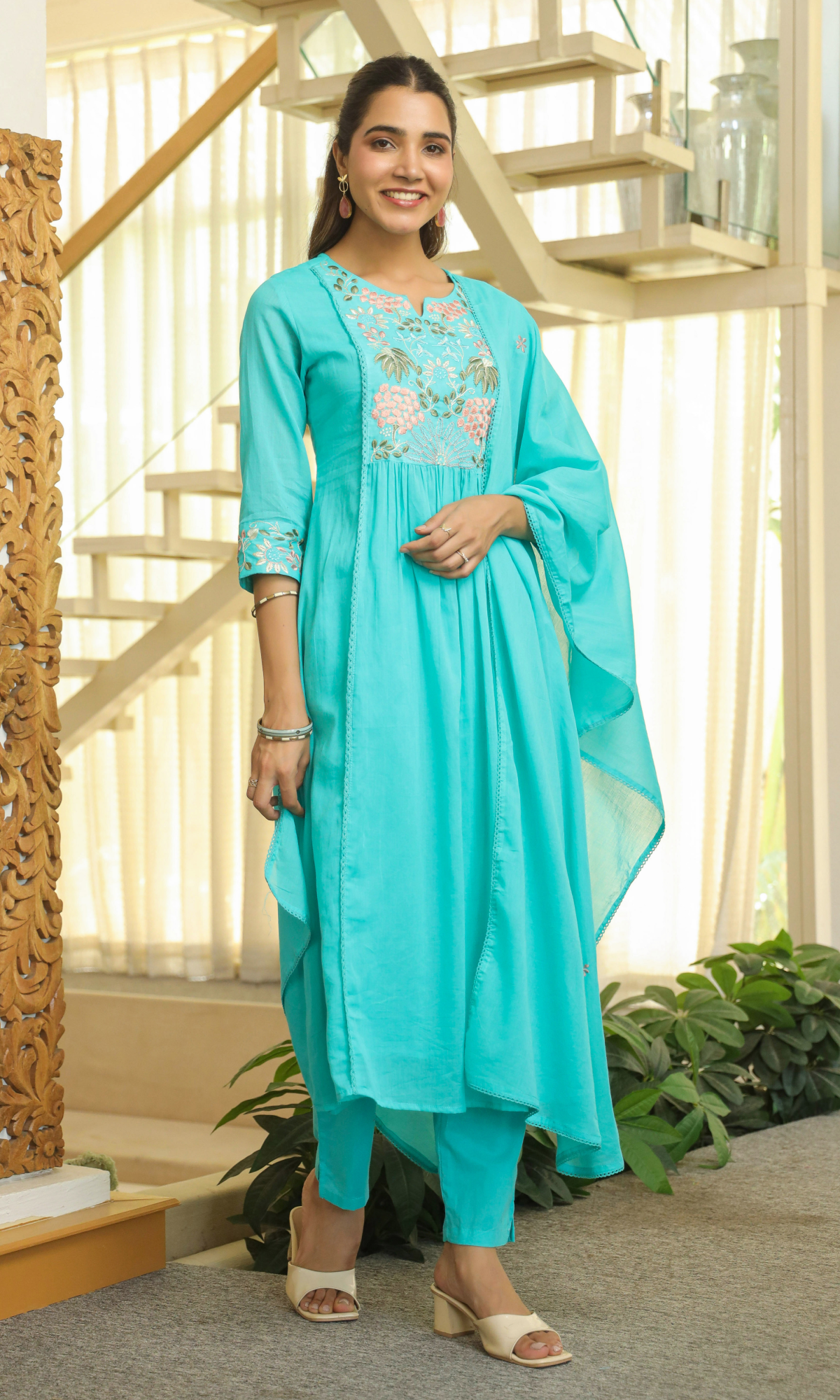 Blue Semi Cotton Floral Embroidered Salwar Suit