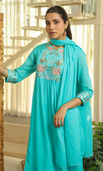 Blue Semi Cotton Floral Embroidered Salwar Suit