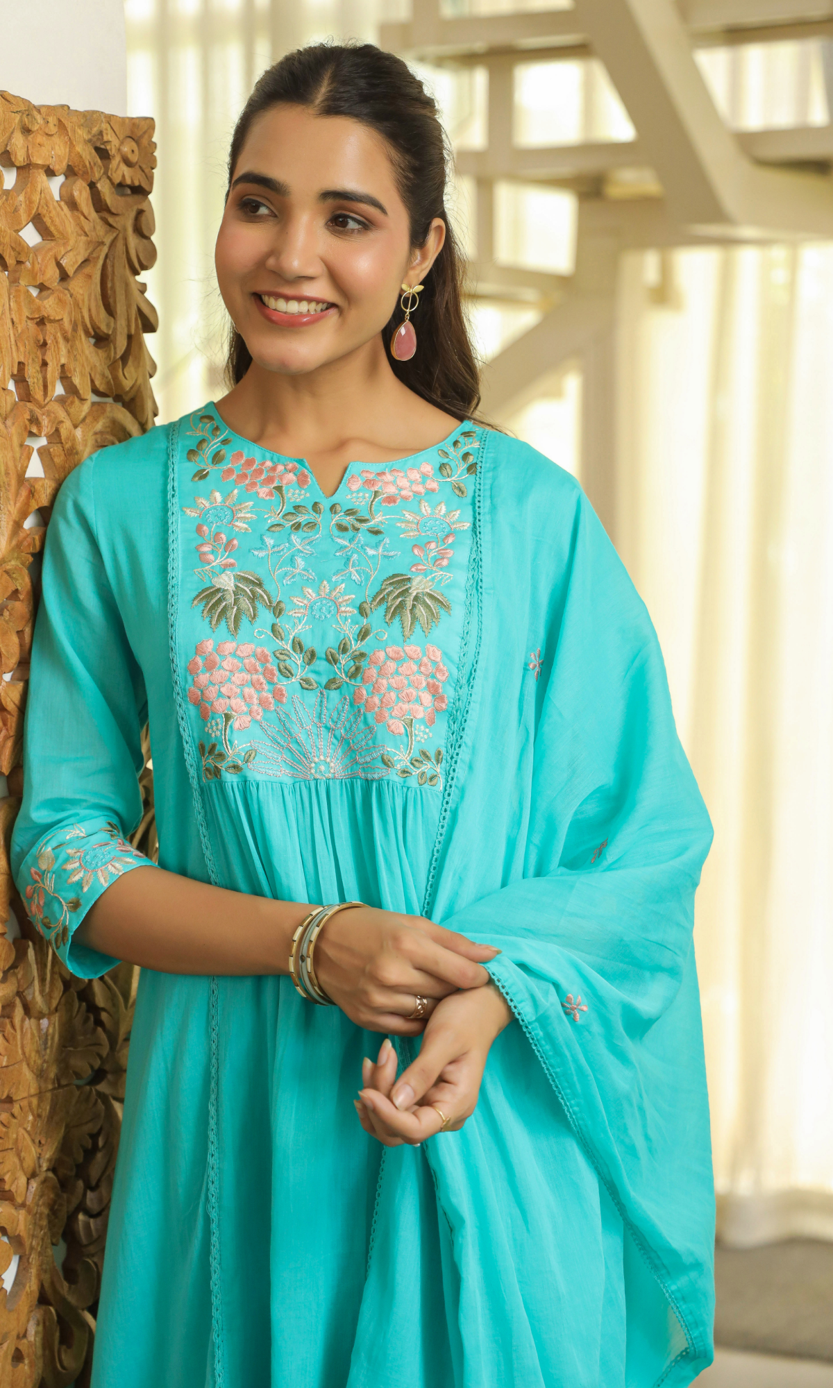 Blue Semi Cotton Floral Embroidered Salwar Suit