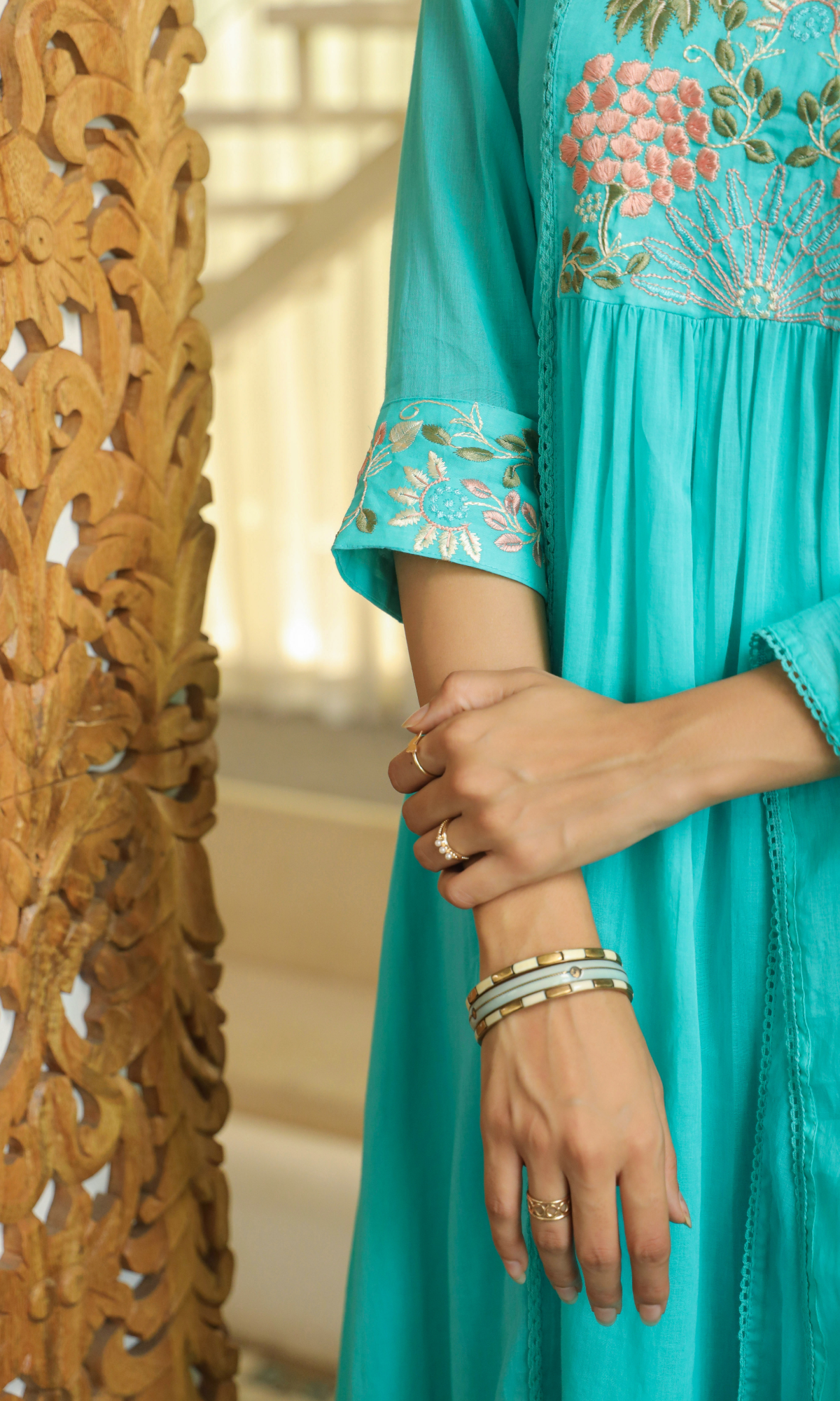 Blue Semi Cotton Floral Embroidered Salwar Suit