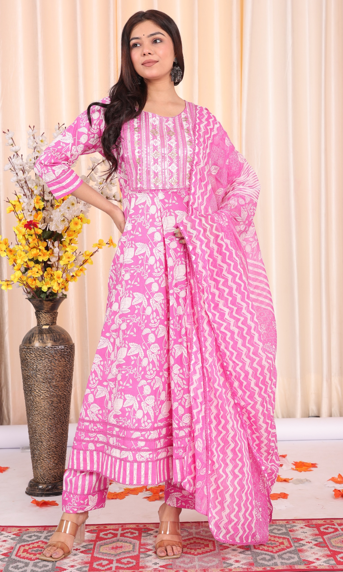Pink Semi Cotton Floral Embroidered Anarkali Suit