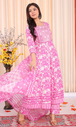 Pink Semi Cotton Floral Embroidered Anarkali Suit