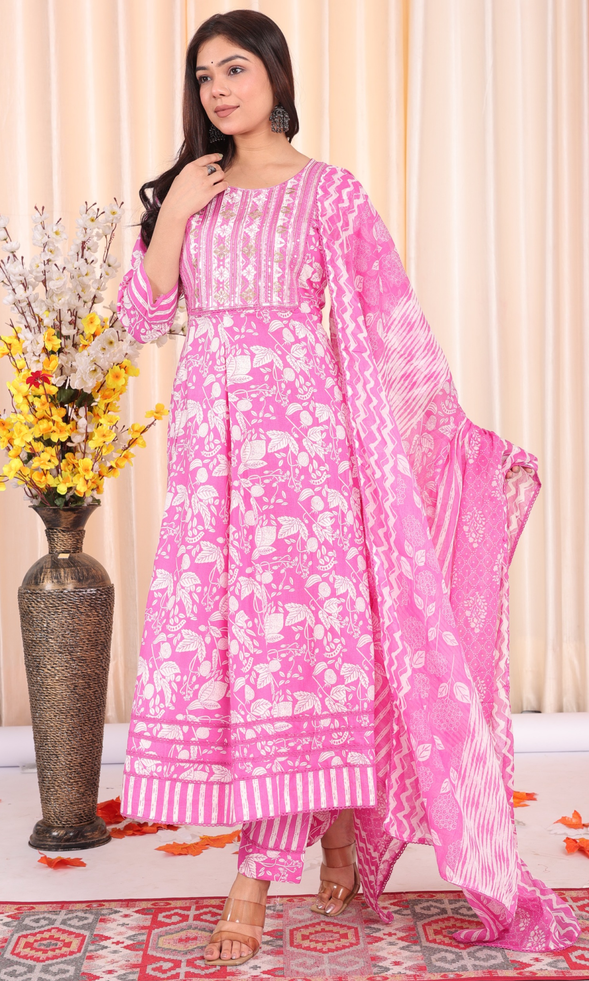 Pink Semi Cotton Floral Embroidered Anarkali Suit