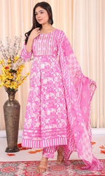 Pink Semi Cotton Floral Embroidered Anarkali Suit
