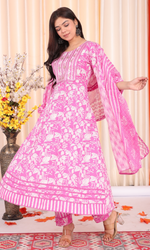 Pink Semi Cotton Floral Embroidered Anarkali Suit