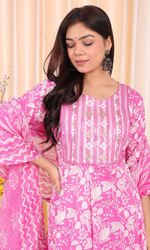 Pink Semi Cotton Floral Embroidered Anarkali Suit
