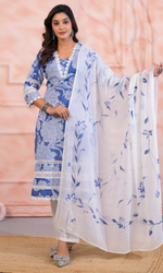 Blue Semi Cotton Floral Printed Salwar Suit