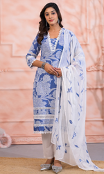 Blue Semi Cotton Floral Printed Salwar Suit