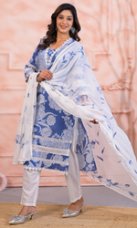 Blue Semi Cotton Floral Printed Salwar Suit