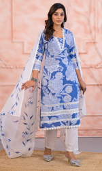 Blue Semi Cotton Floral Printed Salwar Suit