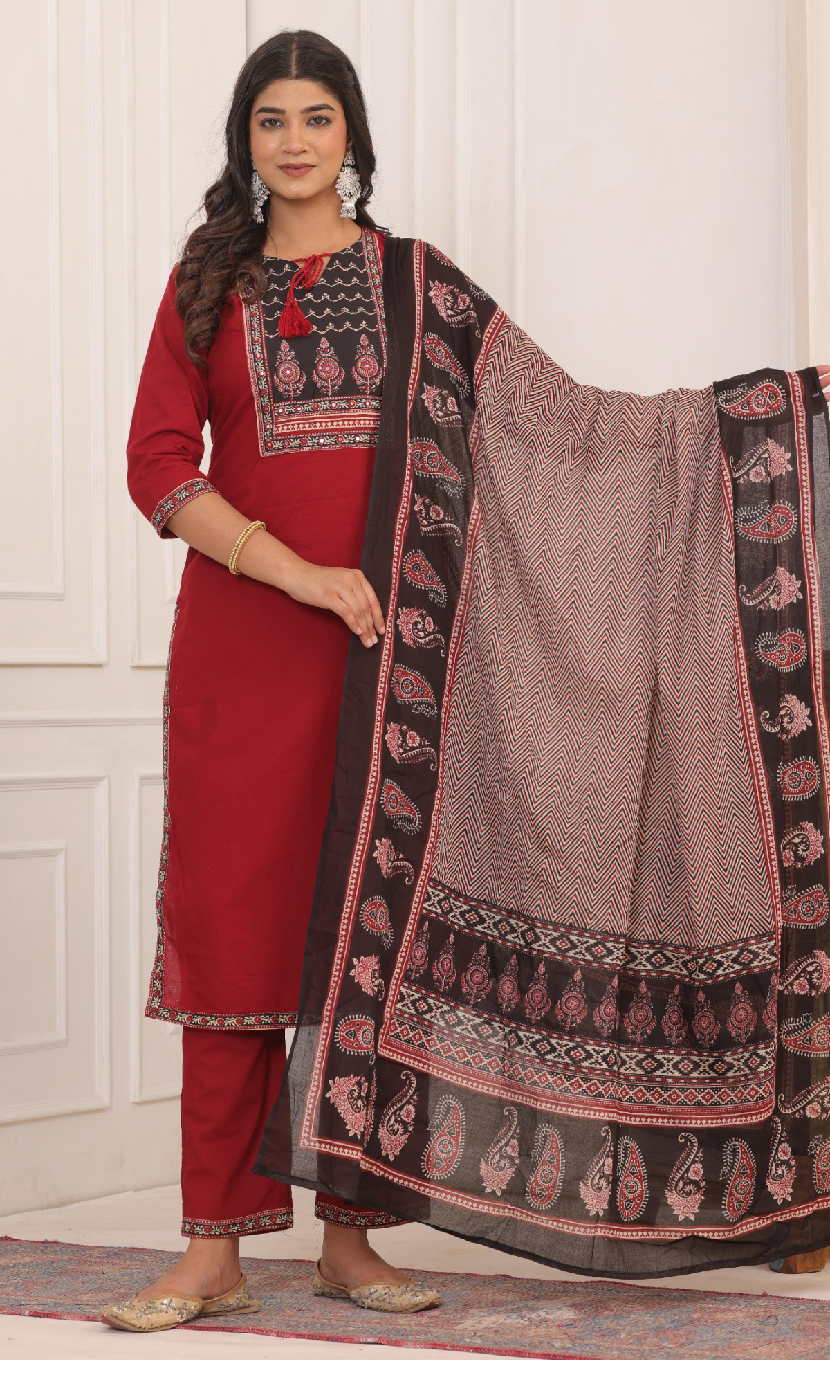 Maroon Semi Cotton Embroidered Salwar Suit