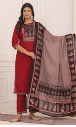 Maroon Semi Cotton Embroidered Salwar Suit