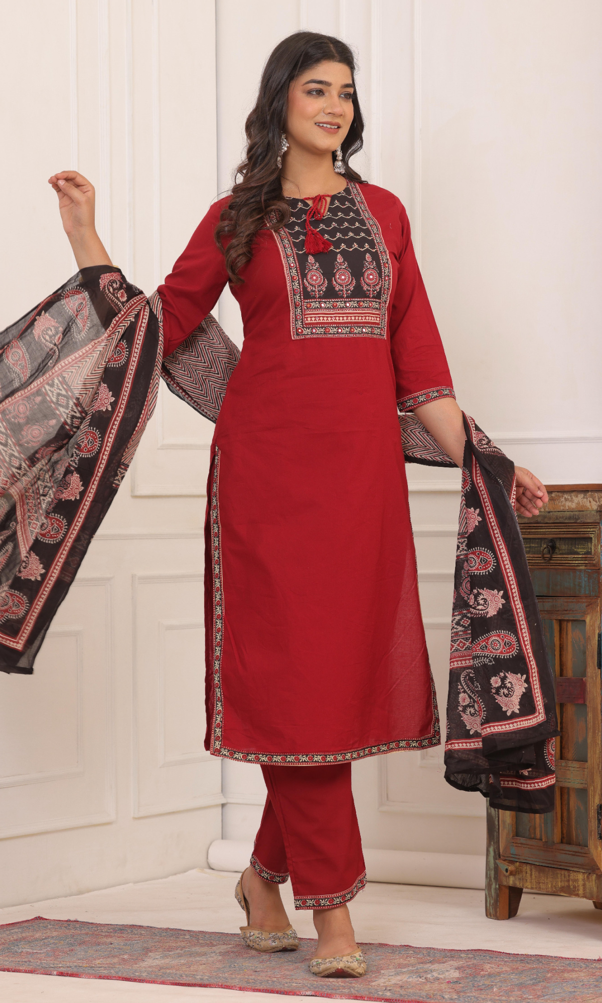 Maroon Semi Cotton Embroidered Salwar Suit